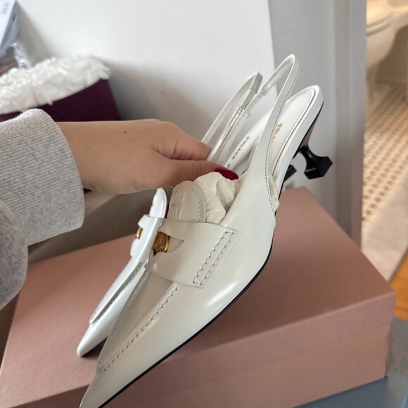NWT Miu Miu Sling Back Mules White Leather Pointed Toe Kitten Heels Sz 36 - Picture 9 of 11